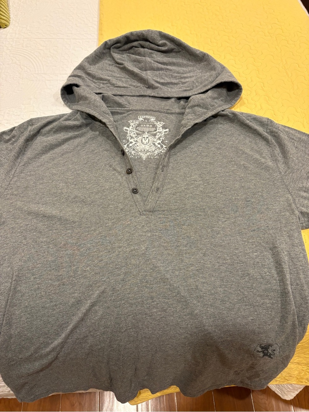Express Men's Gray Hooded Henley Shirt